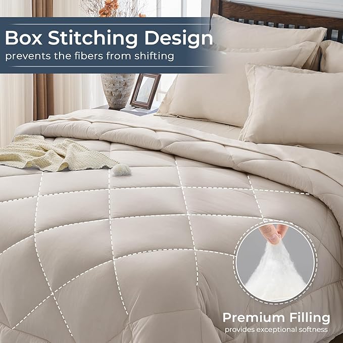 HEVUMYI Beige Tan Cali-King Comforter Set - 7-Piece All Season Bed in a Bag Cali-King, Ultra Soft Bedding Set with Comforter, Flat Sheet, Fitted Sheet, Pillowcases, Pillow Shams, Beige Tan