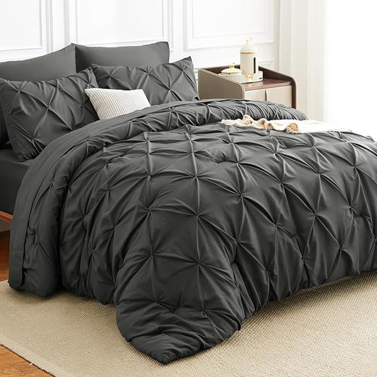 Oversized King Comforter Set Dark Grey, 7 Pieces Pintuck Bed in A Bag Oversized King Size Bedding, Soft Bed Set All Season Pinch Pleat Comforter Set with Sheets, Pillowcases & Shams