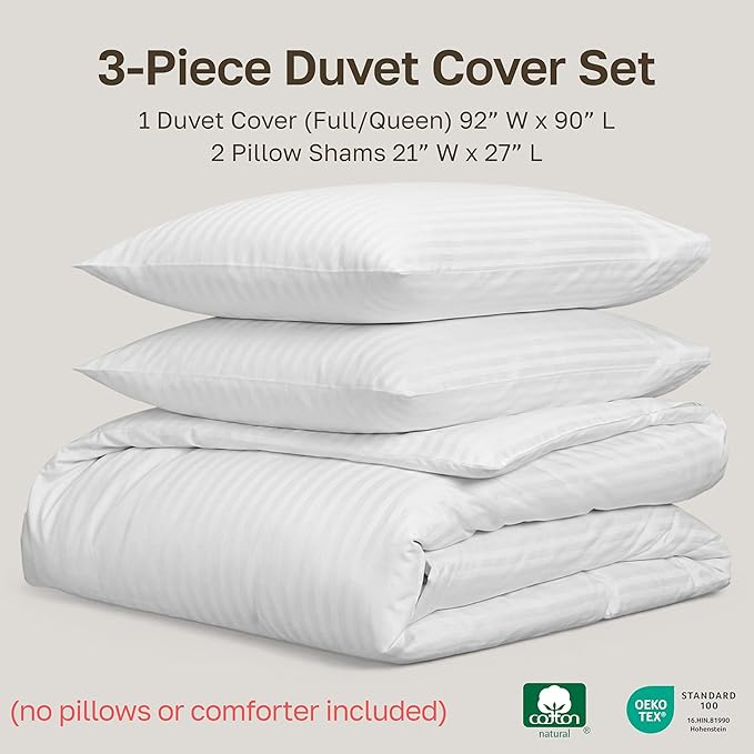 California Design Den Stripe Duvet Cover Queen Size, 400 Thread Count Sateen 100% Cotton Comforter Cover, 2 Pillow Shams, 3-Pc Bedding Set, Button Closure, Corner Ties (White Stripes, Full/Queen)