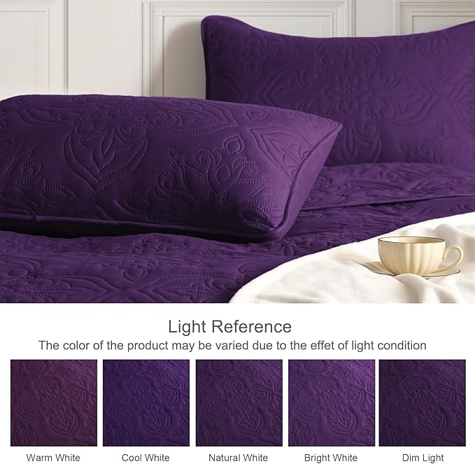 Whale Flotilla Soft King Quilt Bedding Set for All Seasons, Elegant Vintage Damask Ultrasonic Quilts Set, Lightweight Reversible Bedspread, Coverlet, Bed Cover with 2 Pillow Shams, Purple