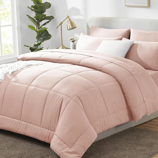 CozyLux King Size Comforter Set Blush Pink, 7 Pieces Bed in a Bag, Pink Comforter King Size, All Season Bedding Sets with Stitch Quilted Comforter, Flat Sheet, Fitted Sheet, Pillowcases