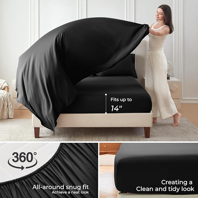 Sasttie Oversized King Comforter Set, 7 Pieces Extra Large Bed in a Bag, Complete Bedding Set Includes 120''x98'' Comforter, Flat Sheet, Fitted Sheet, Pillowcases and Pillow Shams, Black
