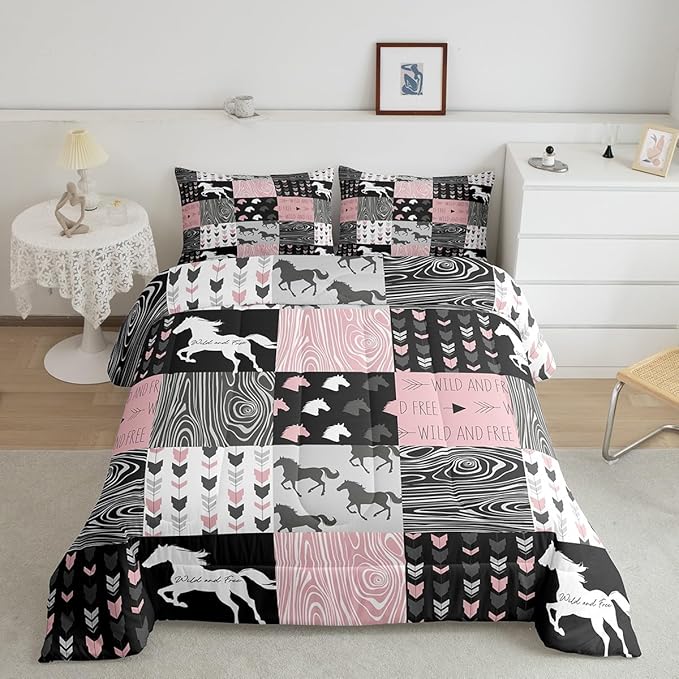 Girls Unicorn Comforter Queen Girly White Horse Bedding Western Cowboy Cowgirls Quilt Patchwork Buffalo Plaid Duvet Insert Arrow Stripes Wild Animal Soft Down Comforter 3Pcs Bedroom Decor,Pink Black