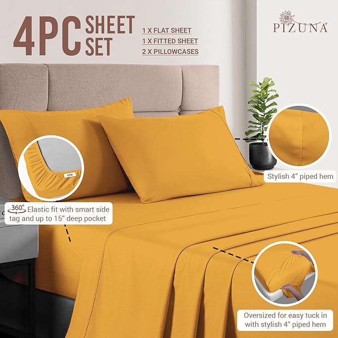 Pizuna Pure 100% Cotton Sheets RV Queen Size, Luxurious 400 Thread Count Long Staple Cotton Sateen Sheet Set with 15" Deep Pocket (Honey Gold)
