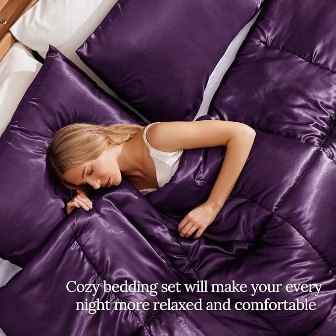 Whale Flotilla 3-Piece Reversible Silky Soft King Size Comforter Bedding Set, Luxurious Satin Comforters Oversized with 2 Satin Pillowcases, Lightweight Duvet for All Seasons, Purple