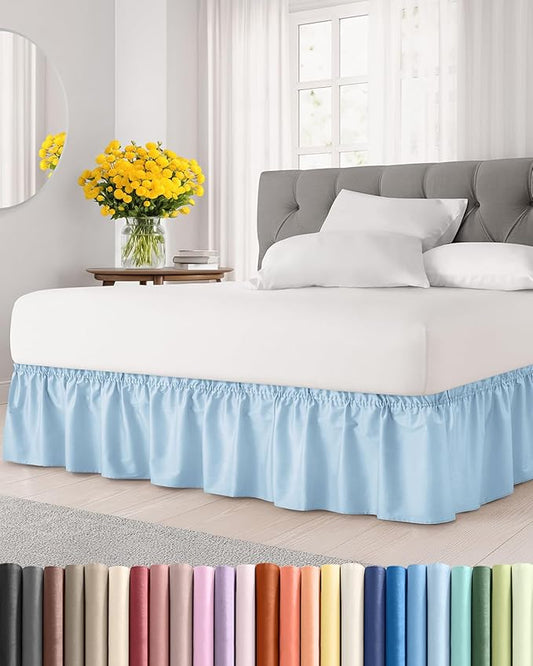 Wrap Around Dust Ruffle Bed Skirt - Light Blue - for Queen Size Beds with 21 Inch Drop - Elastic Strap - Adjustable Pleated Bedskirt with Brushed Fabric and Wrinkle Free - For Women, Men, Kids & Teens