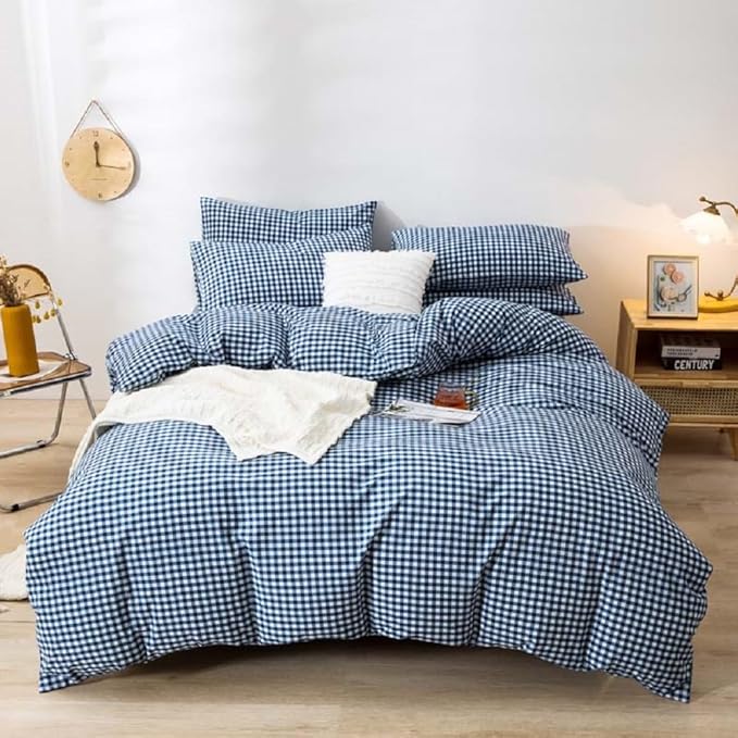LifeTB Royal Blue Gingham Duvet Cover Twin 100% Washed Cotton Dark Blue Checked Duvet Cover 3 Piece Modern Plaid Grid Bedding Set Soft Comfy Checkered Comforter Cover Breathable Gingham Bedding Set