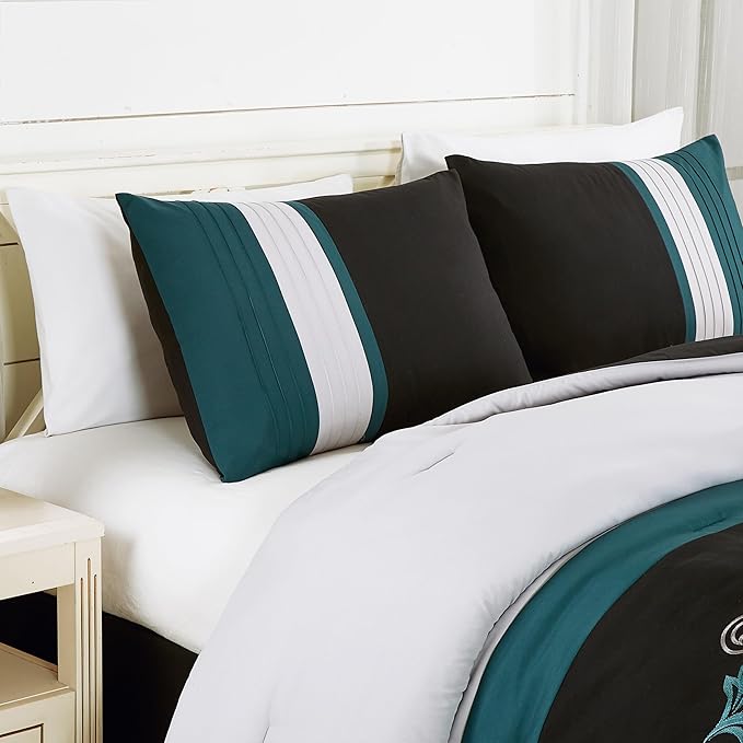 Chezmoi Collection Napa 7-Piece Luxury Leaves Scroll Embroidery Bedding Comforter Set (Queen, Teal/Black/Gray)