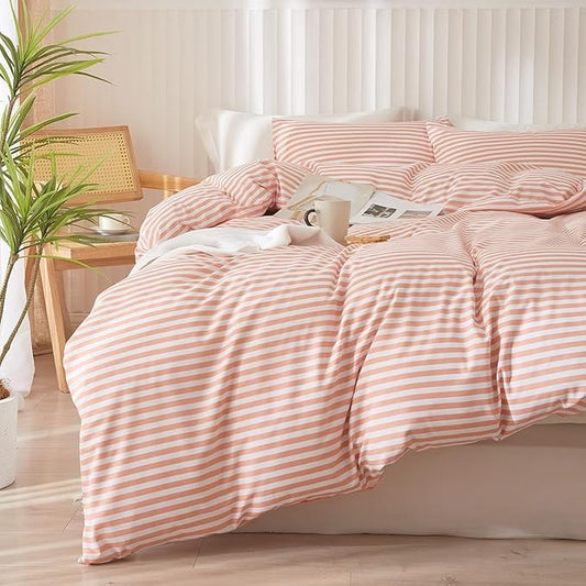 LifeTB King Size Comforter Set Pink White Stripes Pattern Comforter Modern Striped Comforter Set Fluffy Lightweight 3 Pieces Bedding Comforter Farmhouse Stripes Boho Bed Comforter with 2 Pillowcases