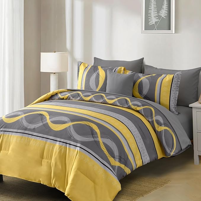Anibedding Yellow Comforter Set Twin Size,6 Pieces Bed in a Bag Patchwork Striped Bedding Sets,Boho Soft Microfiber Bedding Set for All Season(86"×68")