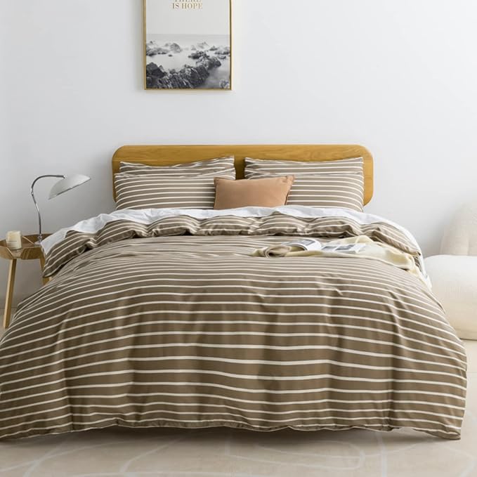 JELLYMONI King Duvet Cover Set, Cotton Duvet Cover 3 Pieces with Zipper Closure, 1 Duvet Cover and 2 Pillowcases(Khaki with White Striped)