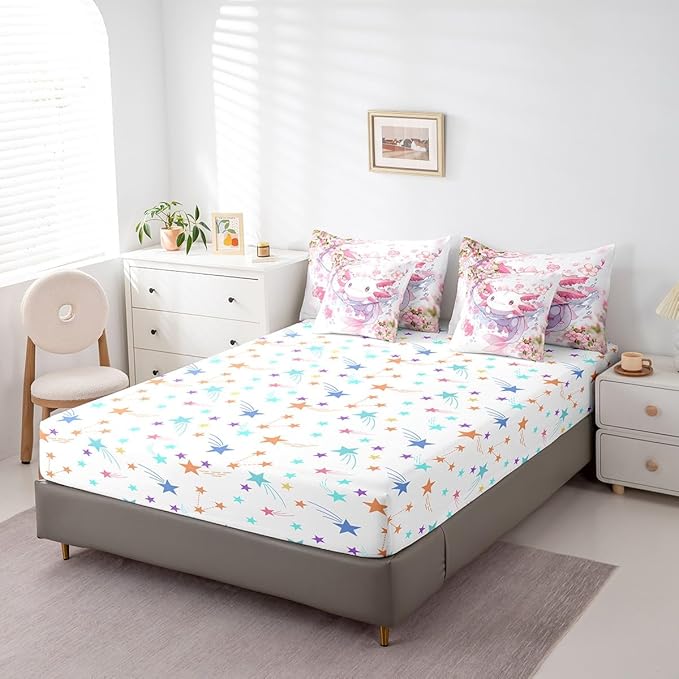 Feelyou Boys Girls Cute Axolotl 7 Pieces Bedding Sets King Size, Ocean Sealife Bed in A Bag Kawaii Comforter Set with Sheets Kids Cartoon Salamander Teens Bed Set Room Decor