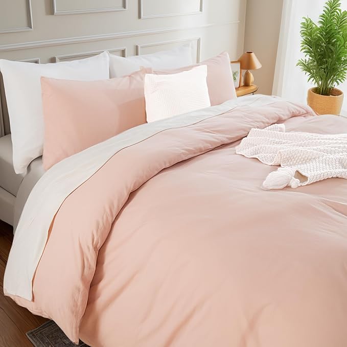NEXHOME PRO Duvet Cover Set 100% Washed Cotton Full Size Linen Feel Textured Organic Natural 3 Pieces Bedding Set with Zipper Closure and Corner Ties, Breathable Dusty Pink (No Comforter)