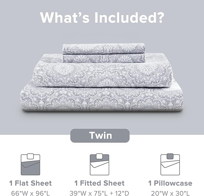 Comfort Spaces 100% Cotton Sheet Set Breathable, Lightweight, Soft with 12" Elastic Pocket Fits up to 14" Mattress, All Season Cozy Bedding, Matching Pillow Case, Twin Adelia Gray 3 Piece