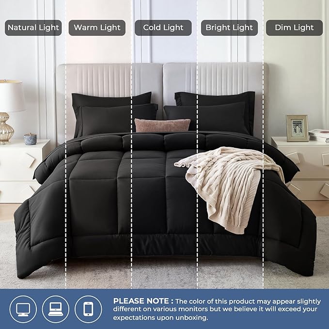 Sasttie Oversized King Comforter Set, 7 Pieces Extra Large Bed in a Bag, Complete Bedding Set Includes 120''x98'' Comforter, Flat Sheet, Fitted Sheet, Pillowcases and Pillow Shams, Black