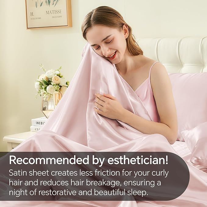 BEDELITE Satin Sheets Queen Size Bed Set, Luxury Soft Pink Silky Sheets for Hair and Skin, Similar to Silk Bed Sheets Set 4 Pieces with 1 Deep Pocket Fitted Sheet, 1 Flat Sheet, and 2 Pillowcases