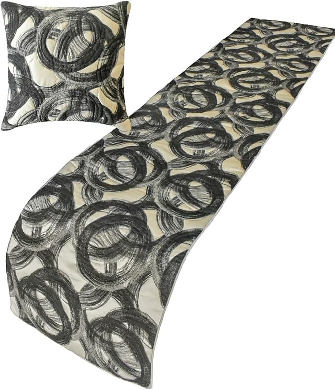 The HomeCentric King/Queen/Twin Black Designer Full 68"x18" Bed Runner with Pillow Cover, Circle, Rings, Quilted Bed Scarf on Jacquard Fabric - Circlewise