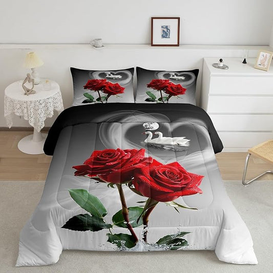 Feelyou Red Rose Bedding Set Swans Couple Comforter Romantic Rose Floral Comforter Set for Men Women Lover Valentine's Day Down Alternative Comforter for All Season Ultra Soft Room Decor Twin Size