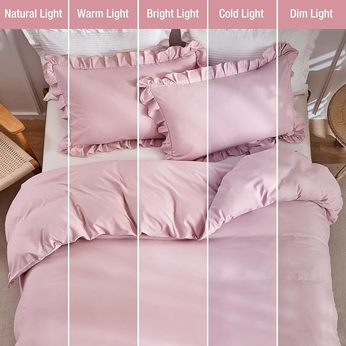 Lekesky Ruffle Duvet Cover Queen Size, Farmhouse Shabby Chic 3 Pieces Washed Microfiber Pink Girls Bedding Set, Soft Aesthetic Queen Comforter Cover with Ruffled Edges, Zipper & Corner Ties