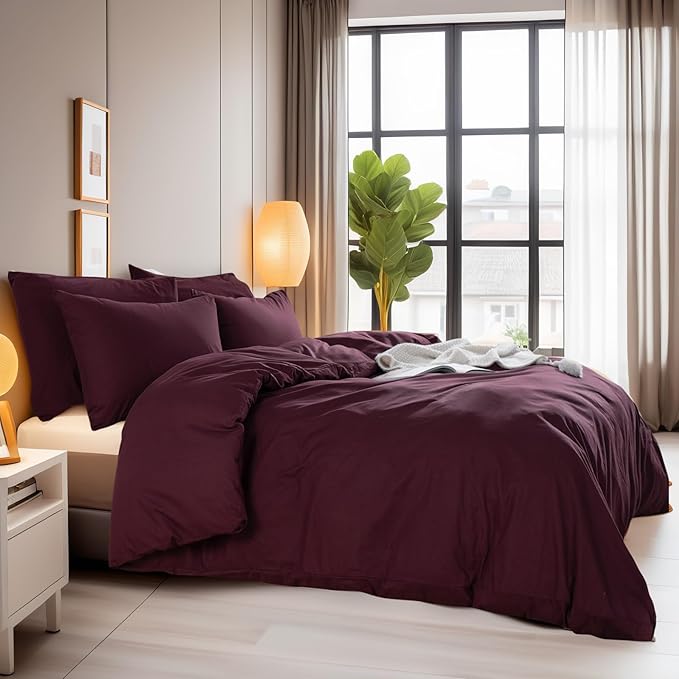 NEXHOME PRO Duvet Cover Set 100% Washed Cotton Full Size Linen Feel Textured Organic Natural 3 Pieces Bedding Set with Zipper Closure and Corner Ties, Breathable and Soft (Burgundy Red, No Comforter)