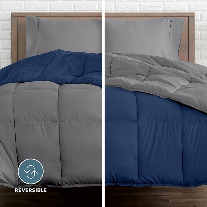 Bare Home Reversible Bed-in-A-Bag Comforter & Sheet Set - Full - Down Alternative - Soft - Bedding Set (Full, Dark Blue/Grey, Grey)