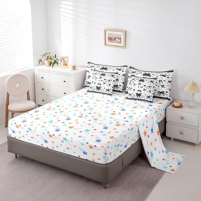 Feelyou Bowknot Comforter Set King Size 7 Pieces Dreamy Princess Bedding Set for Kids Boys Girls Cute Bow Bed in a Bag with Comforter, Sheets, Pillowcases, Cushion Covers Love Hearts Quilted Soft