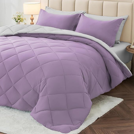 MUXHOMO 7 Pieces Full Comforter Set, Reversible Bed in a Bag Full Size, All Season Bedding Set with Comforter, Flat Sheet, Fitted Sheet, Pillowcases & Shams, Greyish Purple & Light Grey
