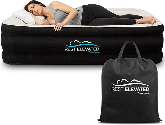 RestElevated Luxury Pillow Top King Size Air Mattress with Built in Pump | 20" Raised Height with Coil Beam Support | Adjustable Blow Up Air Bed | for Home, Guests and Camping [Black with Cream Top]