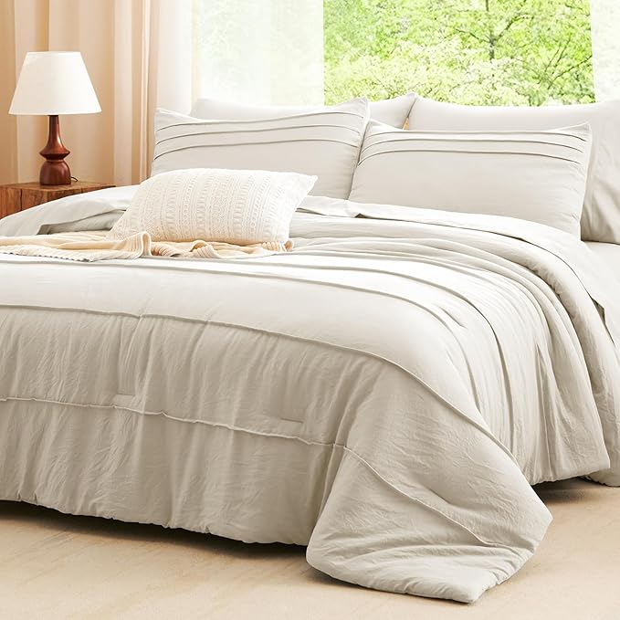 CozyLux King Size Comforter Set Beige, 7 Pieces Soft Pinch Pleat Bed in a Bag King Comforter Set with Sheets, Boho Bed Set with Down Alternative Comforter, Sheets, Pillowcases & Shams