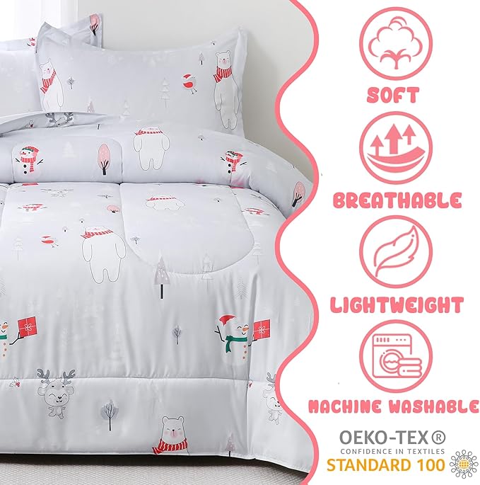 Yibeizi Christmas Comforter Set Twin for Boys Girls, Cute Bear Snowmen Printed Bedding Set with Pillow Sham, Lightweight Soft Breathable Washable Bed Set 2 Piece