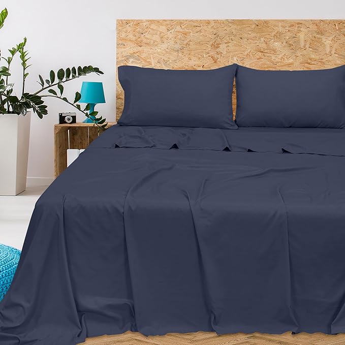 Royale Linens 300 Thread Count 100% Long Staple Combed Cotton Flat Sheet - Super Soft - Top Sheets - California King Flat Sheet Sold Separately - Breathable, Cool & Crisp Sheets Only (Cal King, Navy)