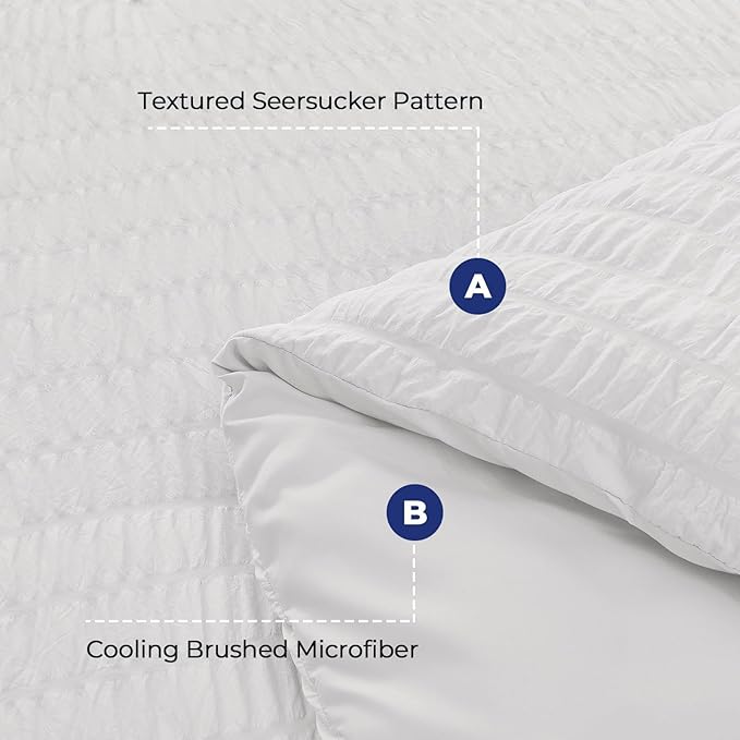 HYMOKEGE White Duvet Cover Queen Size, Ultra Soft 3-Piece Seersucker Duvet Cover Set with Zipper Closure, Soft Brushed Microfiber Bedding Set with 8 Corner Ties (90"x90", 2 Pillowshams)
