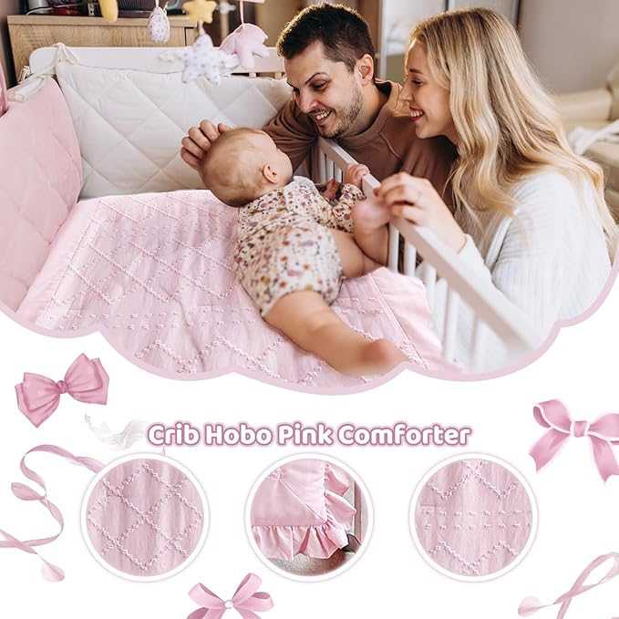 Wowelife Baby Girl Crib Bedding Set, Boho 3-Piece Crib Comforter Set for Girls, Ruffle Baby Nursery Bedding Set Include Quilted Comforter, Crib Skirt and Sheet, Pink