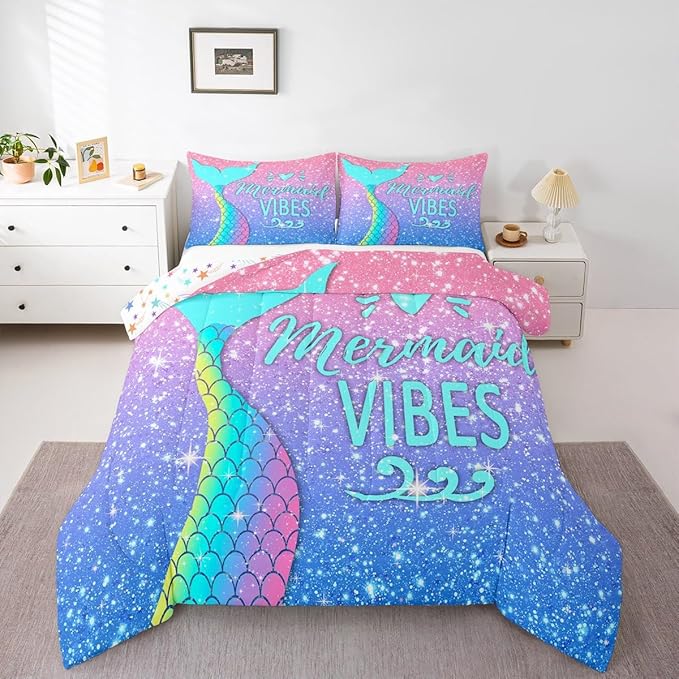 Kawaii Mermaid Bedding Twin,Mermaid Scales Tail Comforter Set Glitter Star Galaxy Princess Bedding Set Watercolor Blue Pink Pastel Ombre Quilt Duvet Ocean Animal Comforter Teal Girly Room Decor 2 Pcs