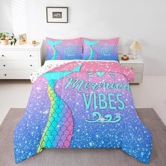 Kawaii Mermaid Bedding Twin,Mermaid Scales Tail Comforter Set Glitter Star Galaxy Princess Bedding Set Watercolor Blue Pink Pastel Ombre Quilt Duvet Ocean Animal Comforter Teal Girly Room Decor 2 Pcs