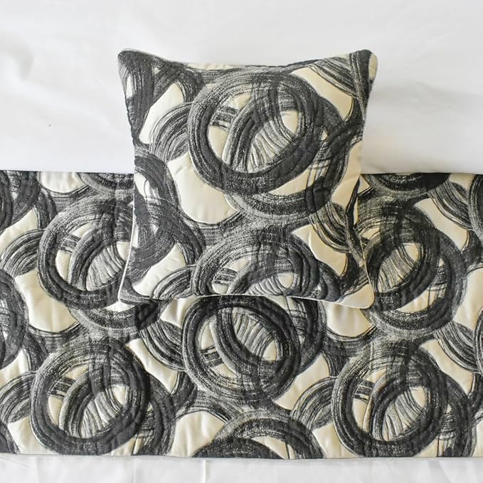 The HomeCentric King/Queen/Twin Black Decorative Queen 74"x18" Bed Runner with Pillow Cover, Circle, Rings, Quilted Bed Scarf on Jacquard Fabric - Circlewise