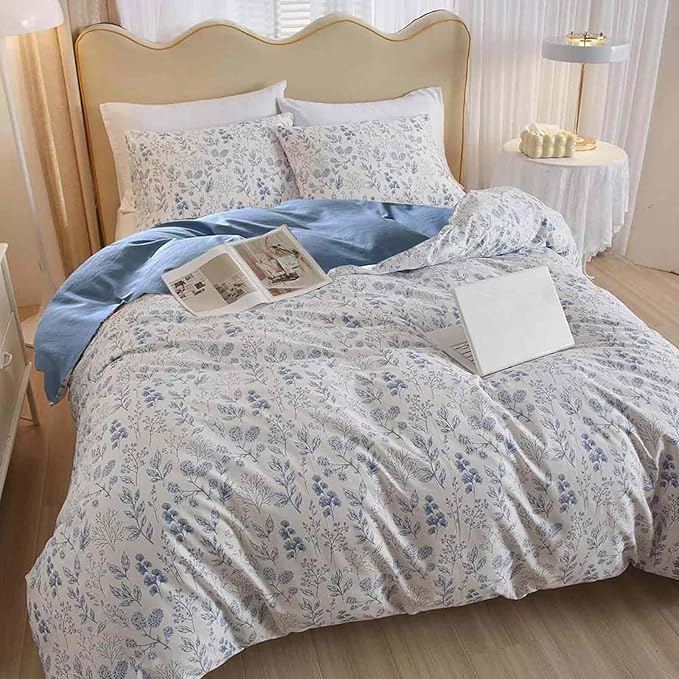 Faincy 7 Pcs King Size Comforter Set with Sheets, Blue Floral and White Flower Leaf Pattern Print Alternative Bed Sets - 104 x 90 inch Soft Microfiber Farmhouse Vintage Bedding in a Bag for Women Men