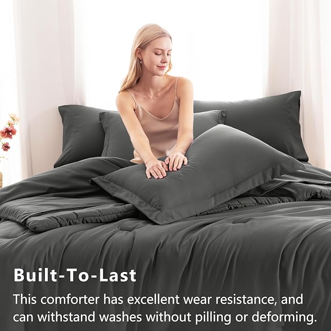 CozyLux Oversized Queen Comforter Set Dark Grey, 7 Pieces Bed in a Bag Comforter Set with Sheets, Soft Bedding Sets with Down Alternative Comforter, Fitted Sheet, Flat Sheet, Pillowcases and Shams