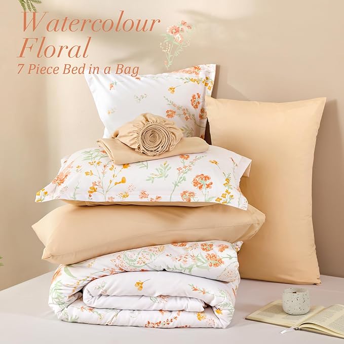 Yiran Coral Orange Watercolour Floral Comforter Set Queen Size, 7 Piece Cute Botanical Comforter Bedding Set, Bed in a Bag Queen, Soft Microfiber Complete Bedding Set with Sheets for All Season