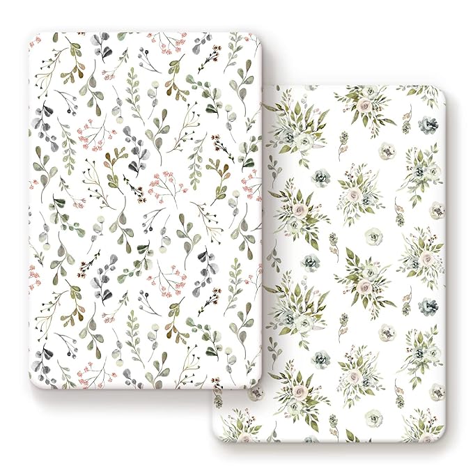 GRSSDER Stretchy Ultra Soft Jersey Knit Fitted Pack n Play Sheets Set 2 Pack， Portable Pack and Play/Mini Cribs Sheets for Girls，Stylish Watercolor Rose and Flora