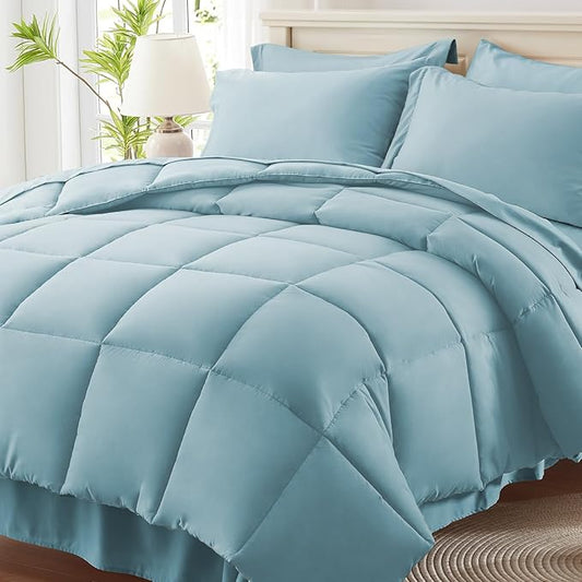Anluoer California King Size Bed in a Bag 7 Pieces,Light Blue Cal King Comforter Set with Sheets,All Season Bedding Sets with Comforter,Pillow Shams,Pillowcases,Flat Sheet,Fitted Sheet