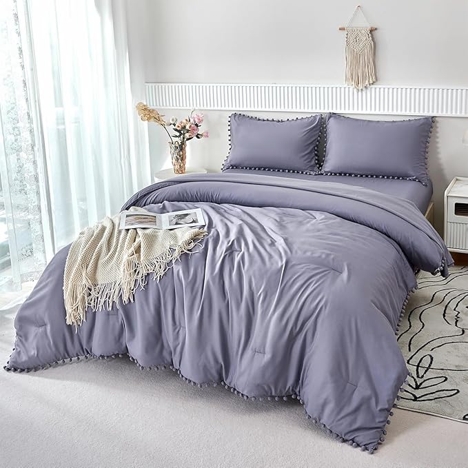 PERFEMET 5-Piece Grayish Purple Pom Pom Comforter Full Aesthetic Lavender Boho Bed in A Bag with Sheets Soft Fluffy Microfiber Girls Bedding Quilt Set for All Season(Grayish Purple, Full)