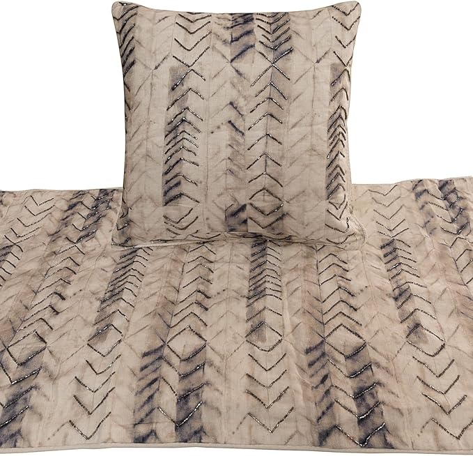 The HomeCentric King Queen Twin Grey Decorative Full 68"x18" Bed Runner with Pillow Cover, Tie & Dye Beaded Bed Scarf on Cotton Fabric - Tie Dye Chevy