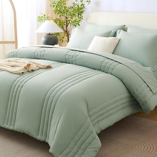 CozyLux King Size Comforter Sets - 7 Piece Bed in a Bag Sage Green Comforter Set with Sheets Luxury Bed Set All Seasons, Soft Bedding Set with Down Alternative Comforter, Sheets, Pillowcases & Shams