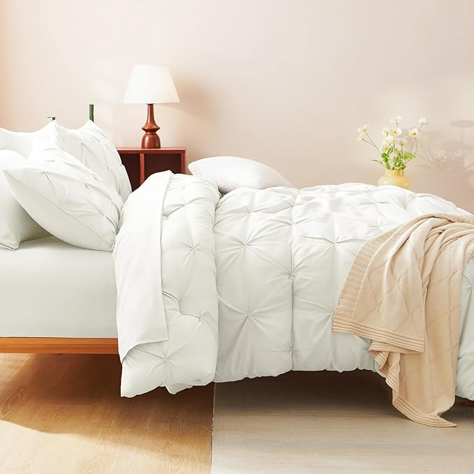 Full Comforter Set Ivory, 7 Pieces Pintuck Bed in A Bag Full Size Bedding, Soft Bed Set All Season Pinch Pleat Comforter Set with Sheets, Pillowcases & Shams