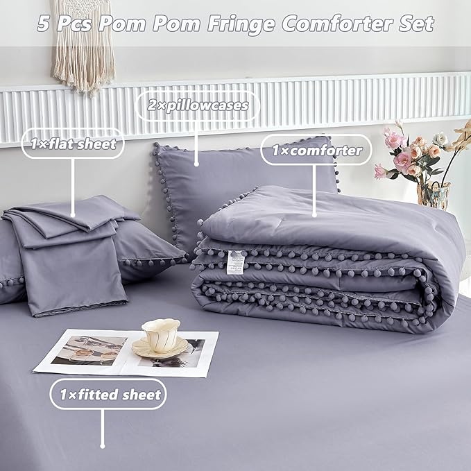 PERFEMET 5-Piece Purple Bed in A Bag Queen Size Boho Cute Grayish Purple Pom Pom Comforter Set with Sheets Soft Lightweight Girls Bedding Set(Grayish Purple, Queen)
