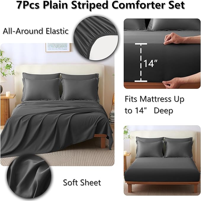 CozyLux Oversized Queen Comforter Set - 7 Pieces Bed in a Bag Dark Grey Comforter Set with Sheets All Seasons Bed Set, Soft Bedding Set with Down Alternative Comforter, Sheets, Pillowcases & Shams