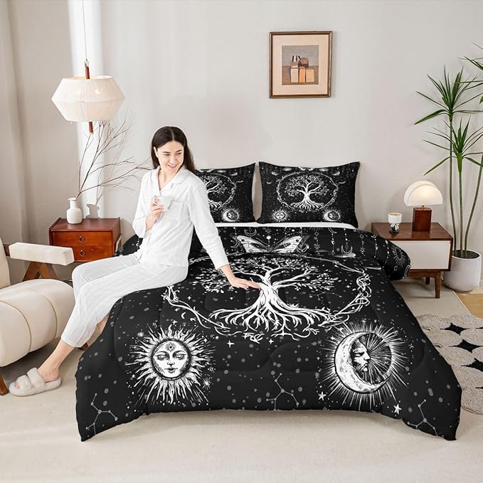 Feelyou Sun and Moon Comforter Bohemian Tree Butterfly Style Bedding Set Psychedelic Hippie Comforter Set for Boys Girls Children Teens Bedroom Decor Galaxy Astrology Duvet Set Full Size
