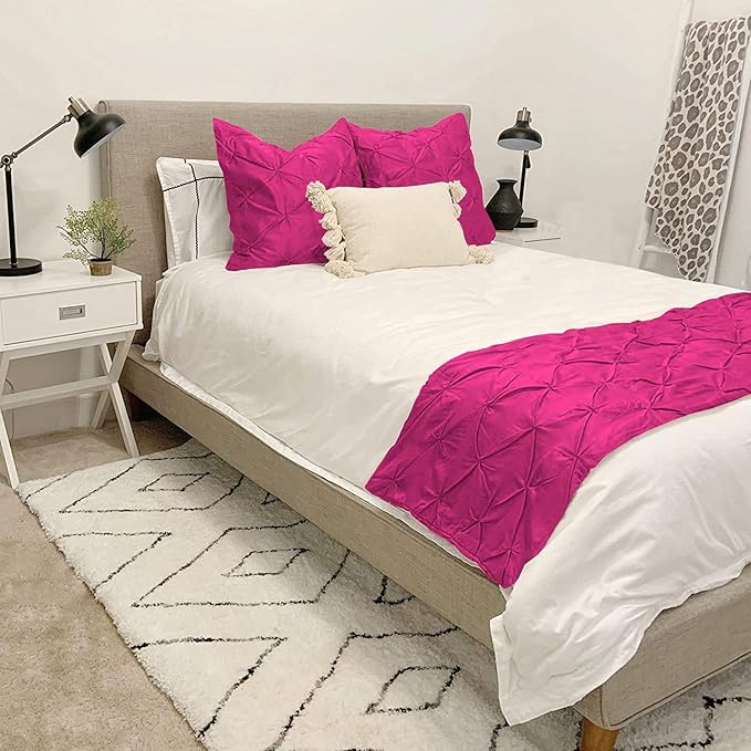 Bed Runner Set - 100% Pure Cotton 800 Thread Count - Luxury 1 Pinch Pleated Bed Runner and 2 Pillow Cover - 3 Piece Pinch Pleated Bed Runner Set California King, Hot Pink