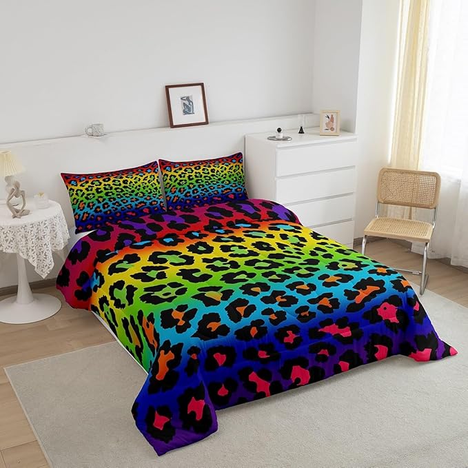 Girls Colorful Leopard Comforter Set Queen Size Women Cheetah Printed Bedding Comforters Africa Leopard Pattern Bedroom Decor Down Alternative Comforter for All Season Rainbow Leopard Print Quilt Set